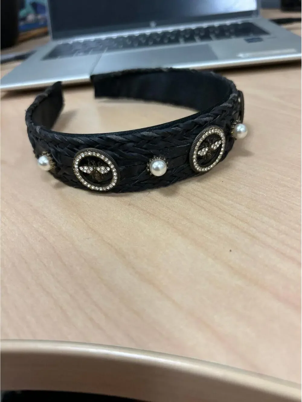 Headband with pearls, rhinestones, and bumblebees